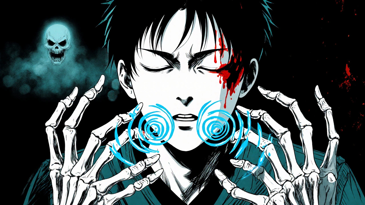 Mains effectuant une respiration contrôlée, spirales bleues de souffle contre fond sombre et cauchemardesque.