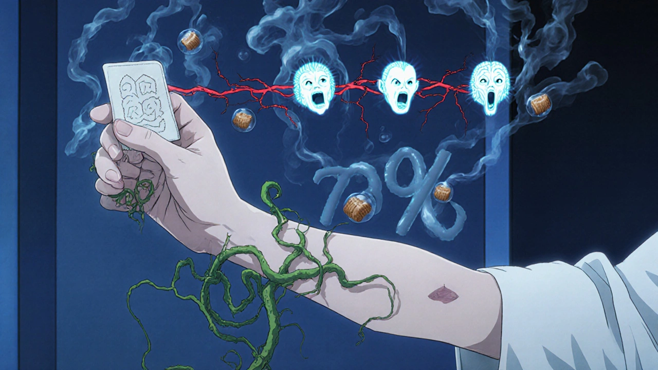 Patch de fentanyl sur la peau, d&#039;où émergent des filaments nerveux vers le cerveau, représentant les récepteurs de la nausée.