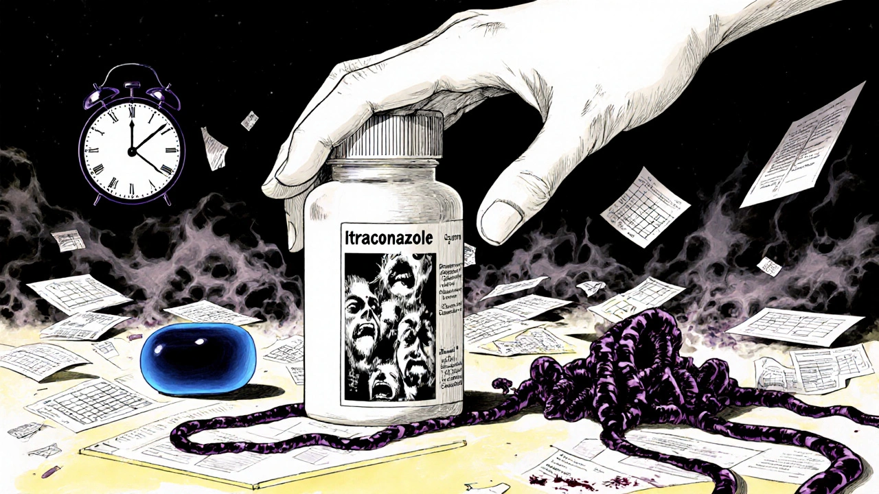 Patient à la pharmacie, une bouteille d&#039;antifongique se transforme en visages hurlants, un comprimé émet une lueur bleue.