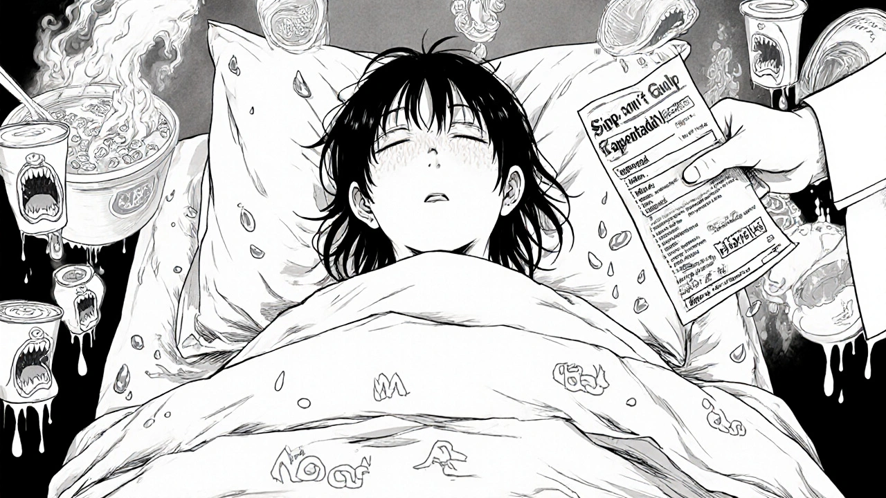 Patient allongé, fixant un point sur le mur, entouré de formes monstrueuses issues de ses repas passés.