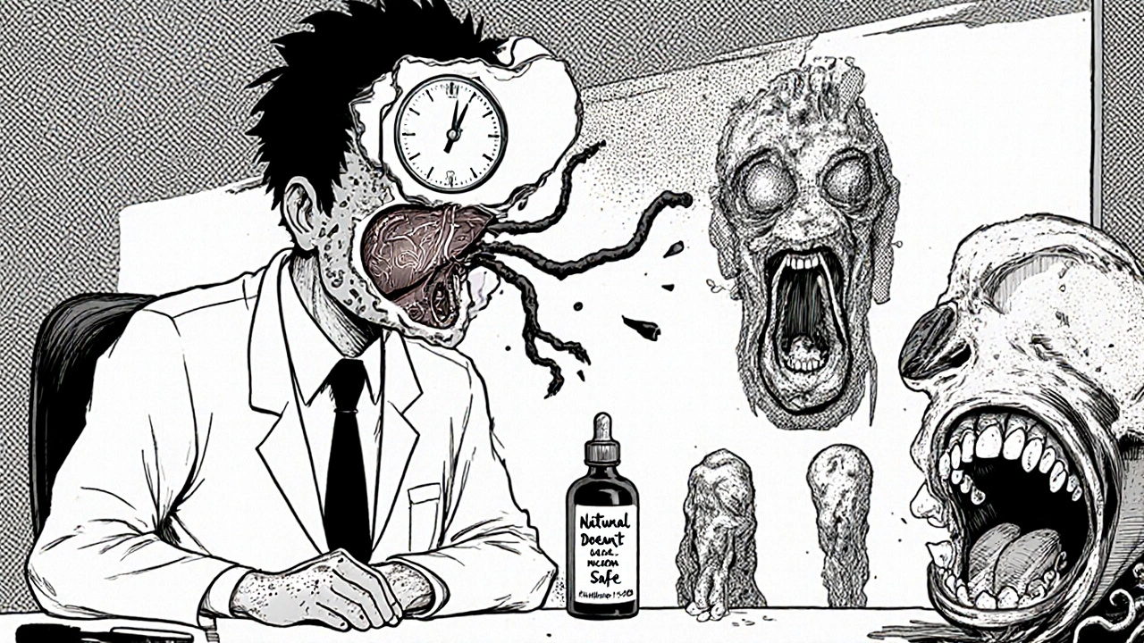 Patient aux organes déchirés par des tentacules CBD, médecin au visage fondant, bouteille de CBD murmurant un avertissement.