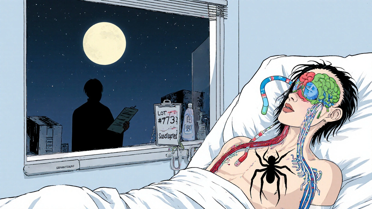 Patient dans un lit, cerveau exposé avec des circuits alimentés par des pilules, une pilule générique noire le détruit.