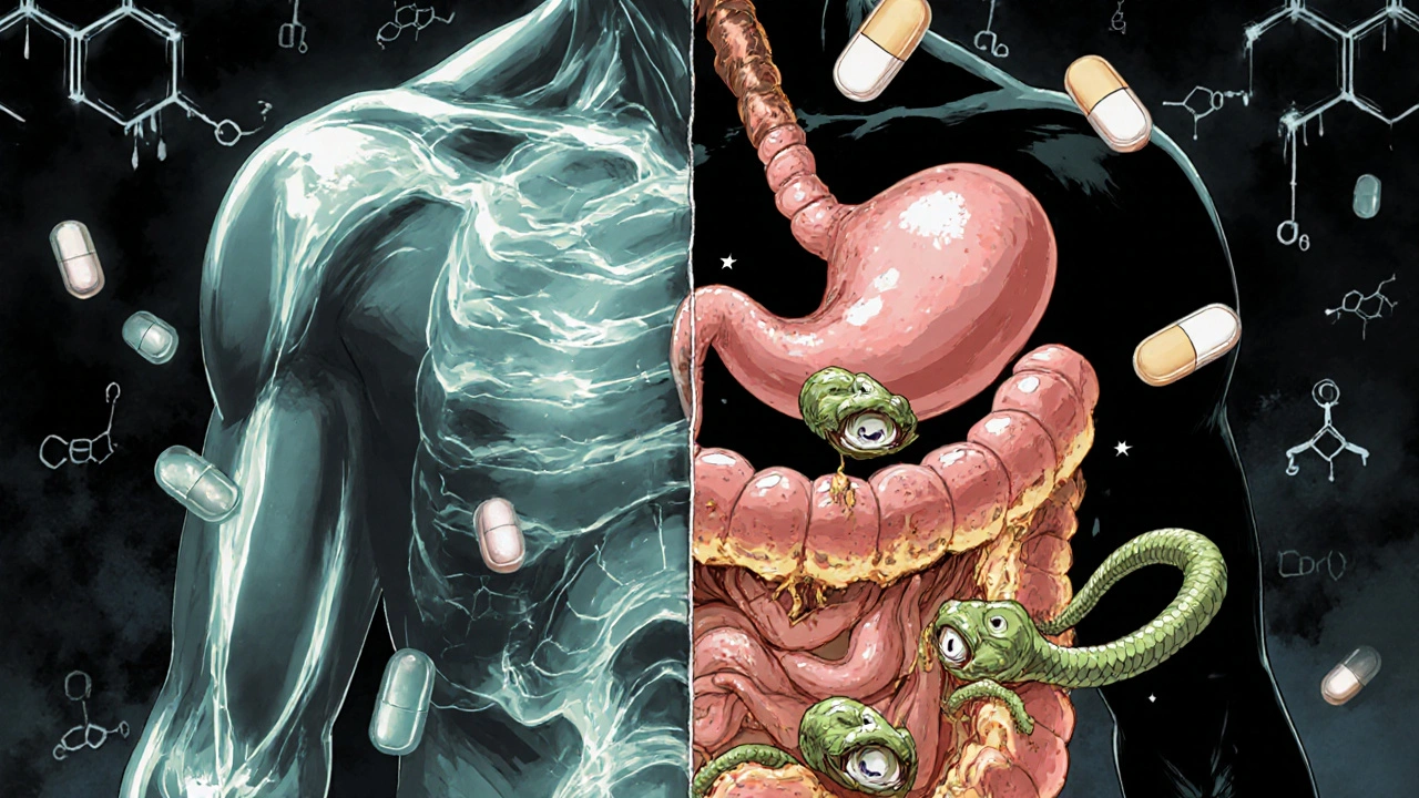 Patient divisé : un côté sain avec des comprimés qui circulent, l&#039;autre côté décomposé par des comprimés qui pourrissent dans l&#039;estomac.