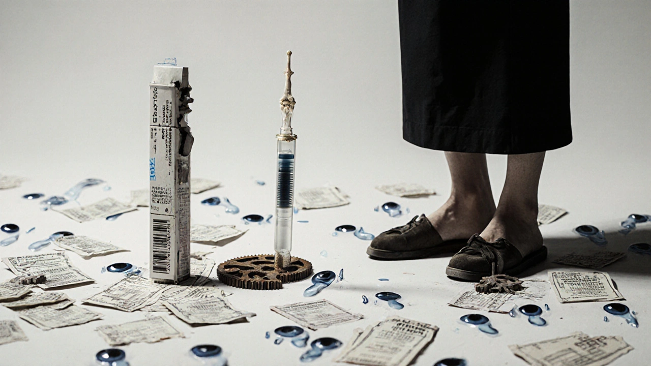 Patient regardant son stylo à insuline qui se transforme en doigt squelettique, avec des pièces rouillées.