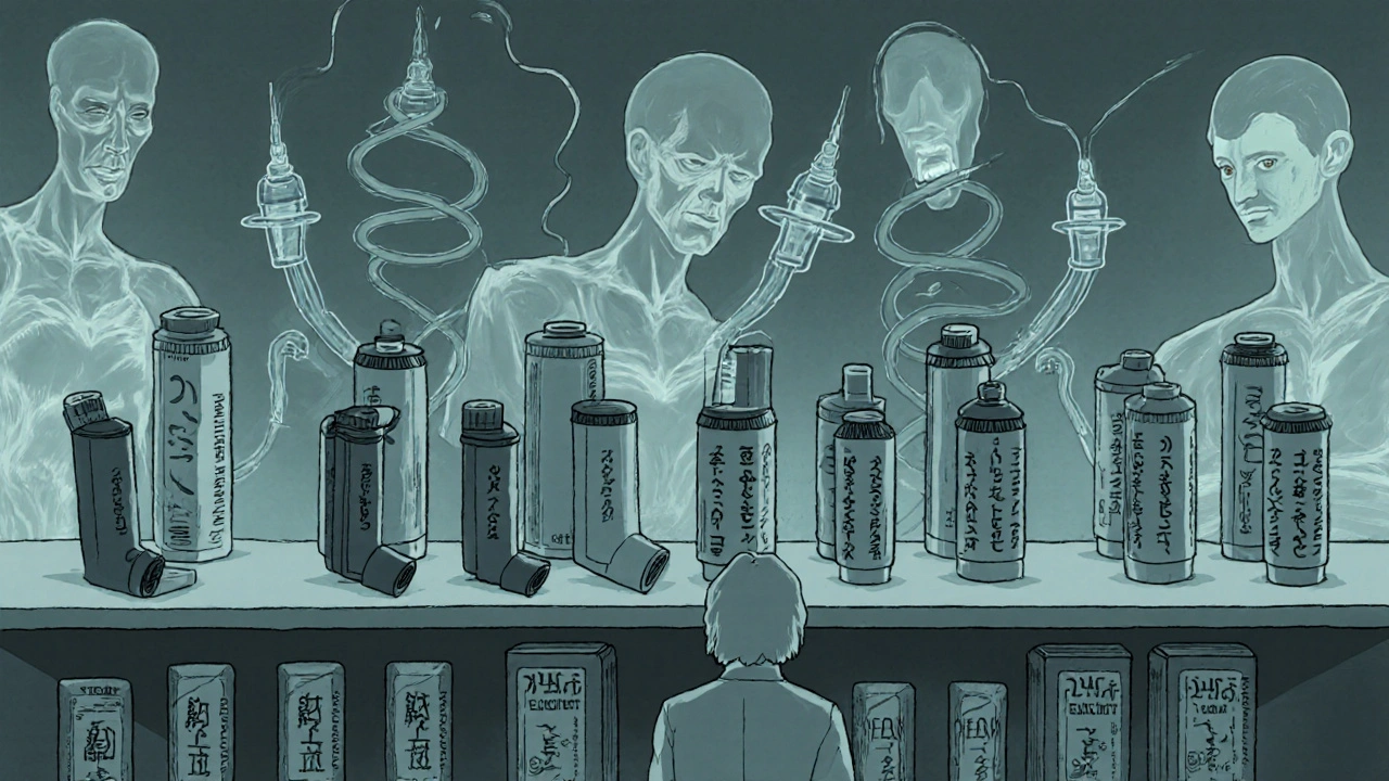 Pharmacien face à des dispositifs médicaux où des étiquettes s&#039;entortillent en textes effrayants.