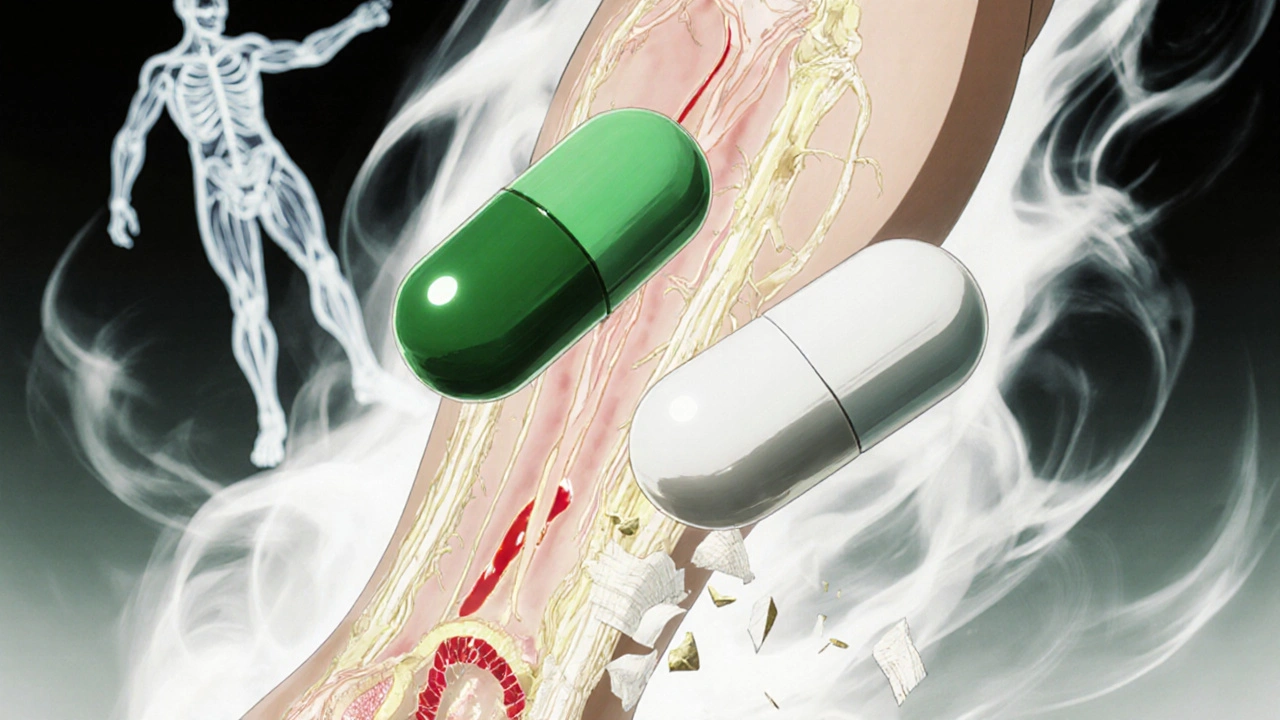 Pilules de sitagliptine-métformine flottant au-dessus de membres amputés qui disparaissent en fumée, avec des vaisseaux sains qui brillent.