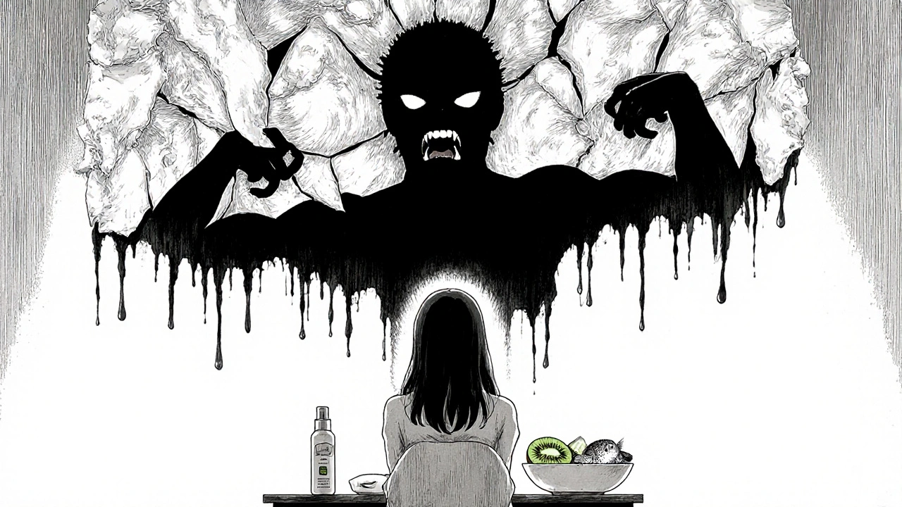 Reflet d'une femme parfaite avec une ombre monstrueuse derrière elle, faite de cellules pigmentaires et de collagène détruit.