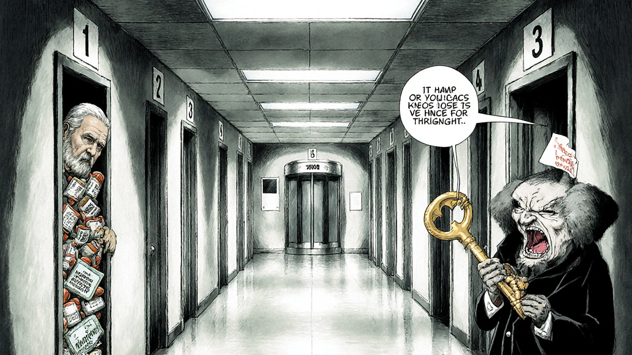 Un couloir infini de portes numérotées où des seniors sont piégés dans des cauchemars liés à leur assurance médicale.