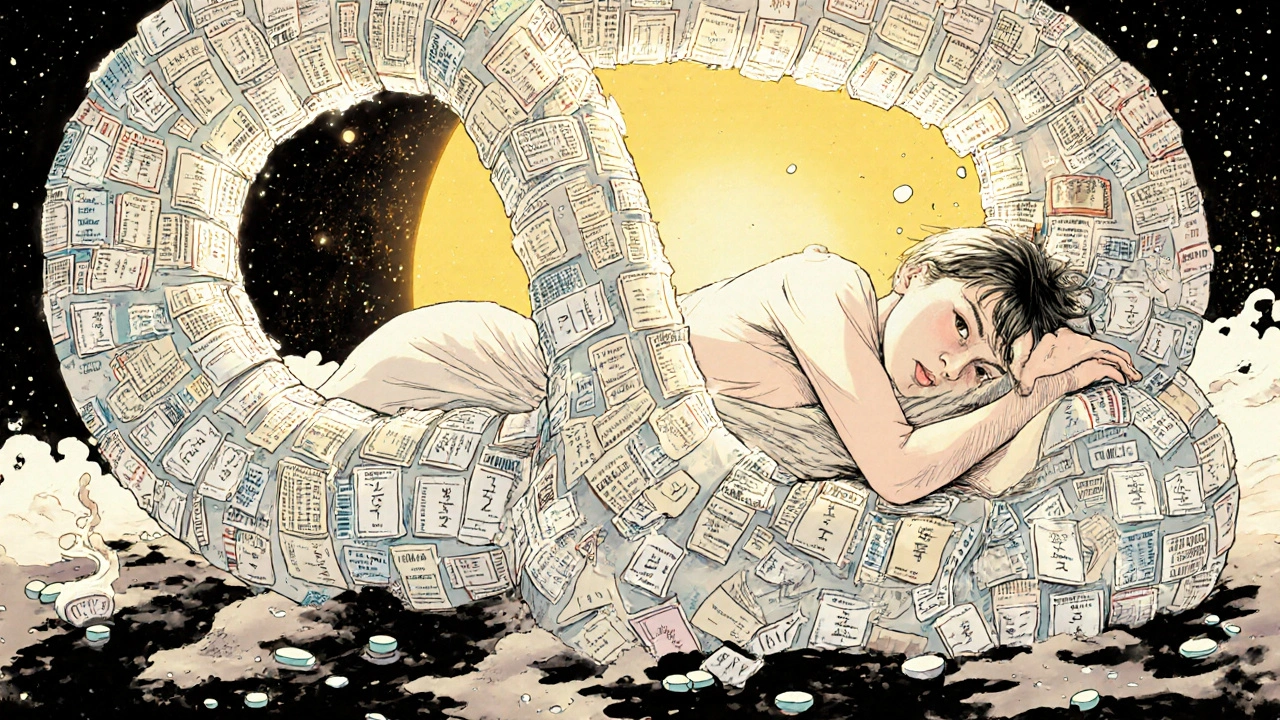 Un ordonnance qui se transforme en serpent, libérant un rythme biologique doré sous la peau du patient, les pilules se dissolvant en cendres sous la lumière du matin.