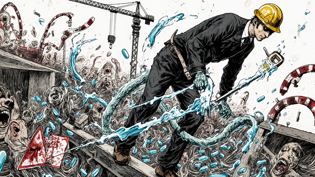 Un ouvrier sur une échafaudage, son corps déformé, des pilules en chute libre autour de lui.