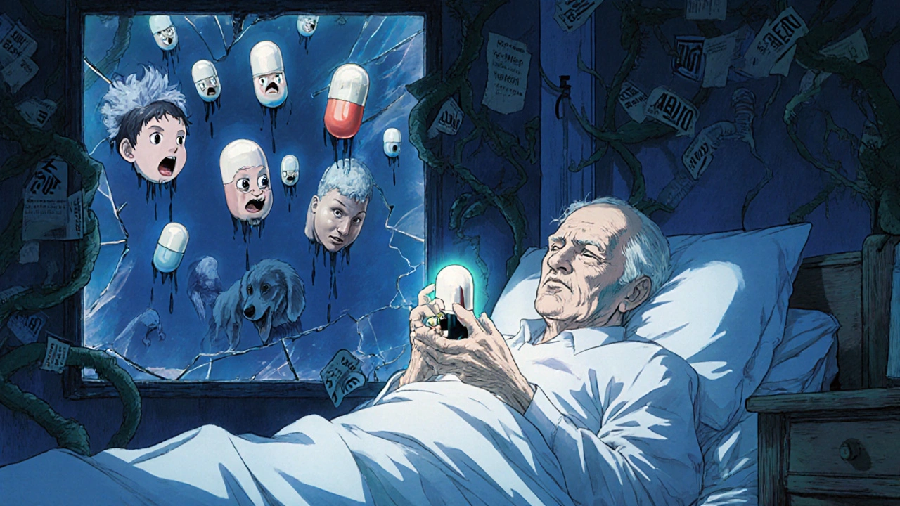 Un patient âgé tient une capsule contenant cinq pilules fusionnées, dont les visages hurlants reflètent des patients différents.