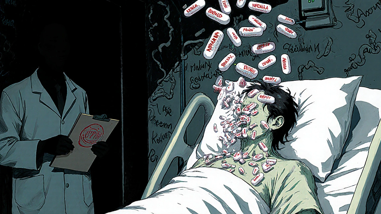 Un patient dont le corps révèle des comprimés erronés dans ses veines, les noms des médicaments se transformant en cris silencieux.