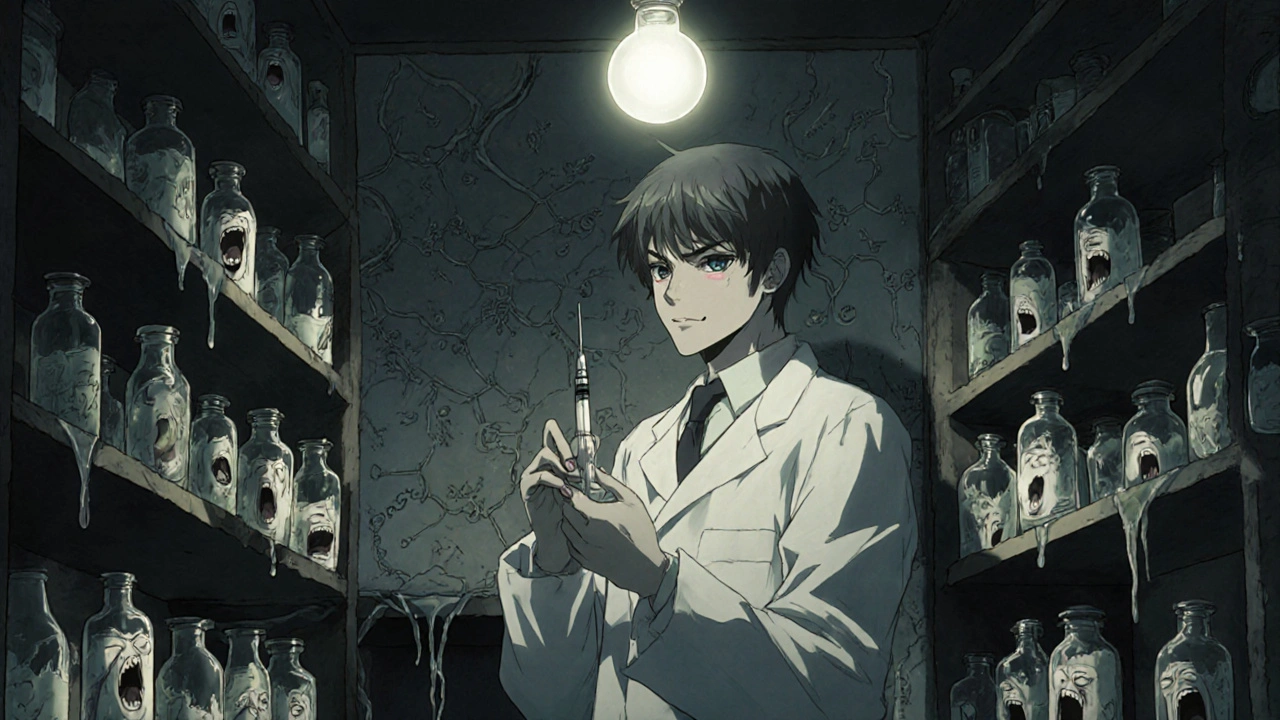 Un pharmacien prépare un médicament sur mesure dans un laboratoire sombre, entouré de fioles aux contenus vivants et grotesques.