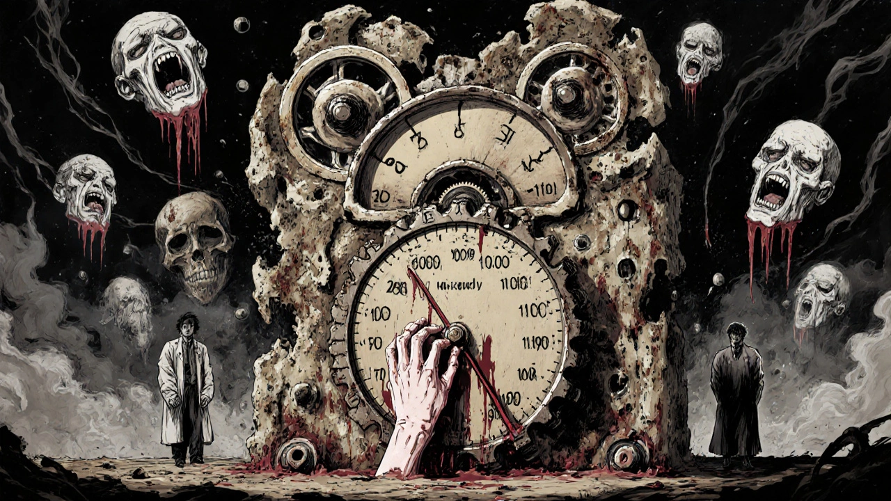 Une calculatrice osseuse gravée de la formule de Cockcroft-Gault, déversant du sang, tandis que des visages de patients disparaissent en fumée.