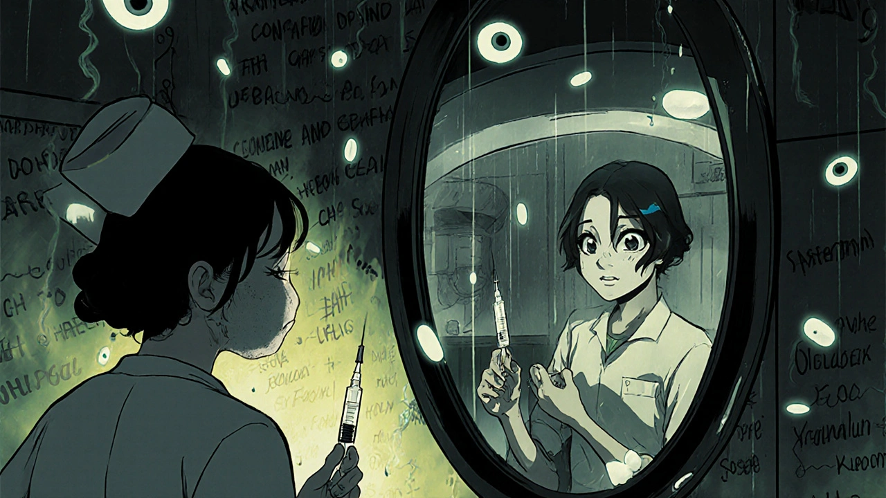 Une infirmière dans une salle d&#039;urgence, son reflet montre une version sombre d&#039;elle-même avec des pilules flottantes.