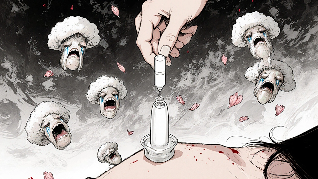 Une main insère un suppositoire blanc, tandis que des spores grotesques se transforment en pétales.