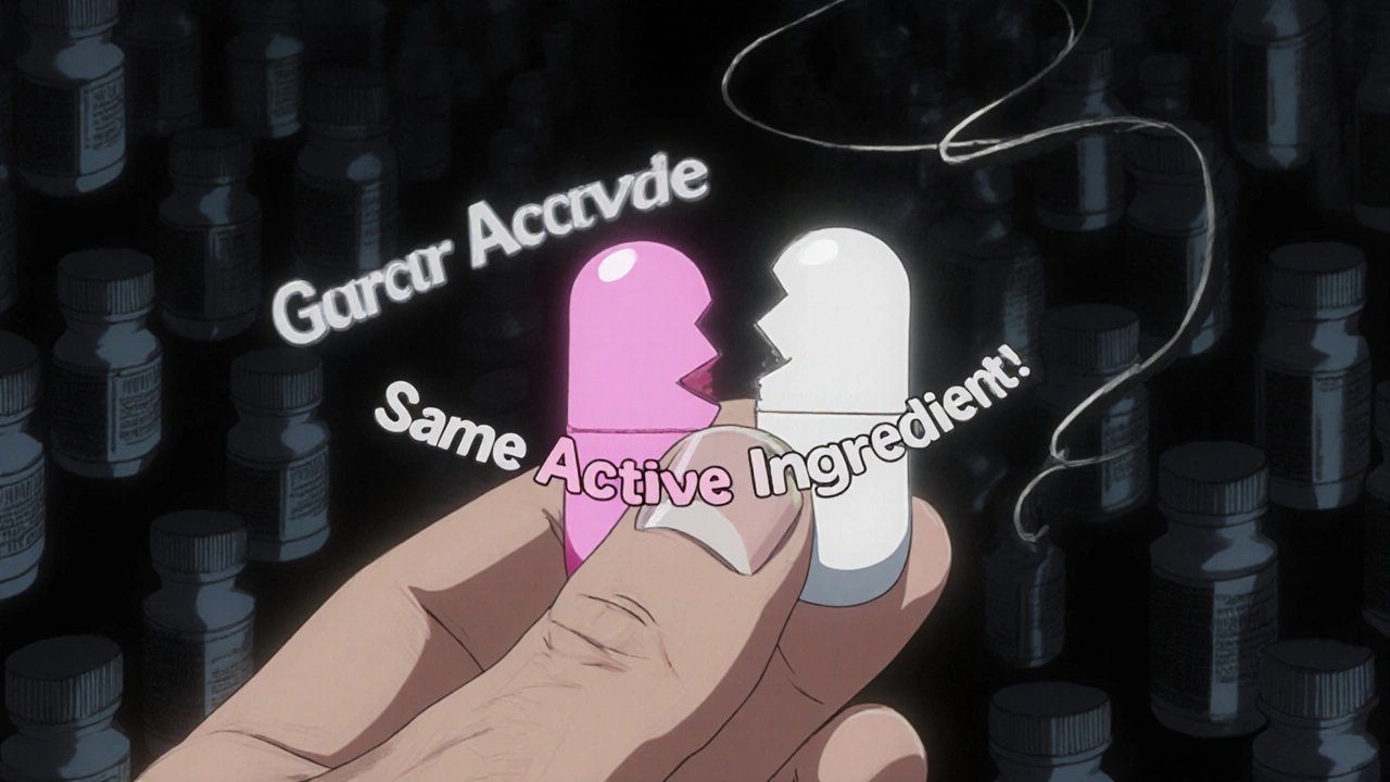 Une pilule générique blanche s&#039;ouvre pour révéler un cœur identique à la pilule de marque rose.