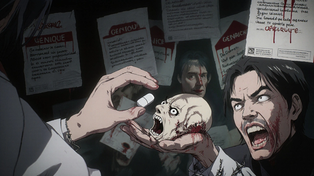 Une pilule générique se transforme en visage hurlant dans la main d&#039;un patient, sa peau se déchire révélant le même visage sous-jacent.