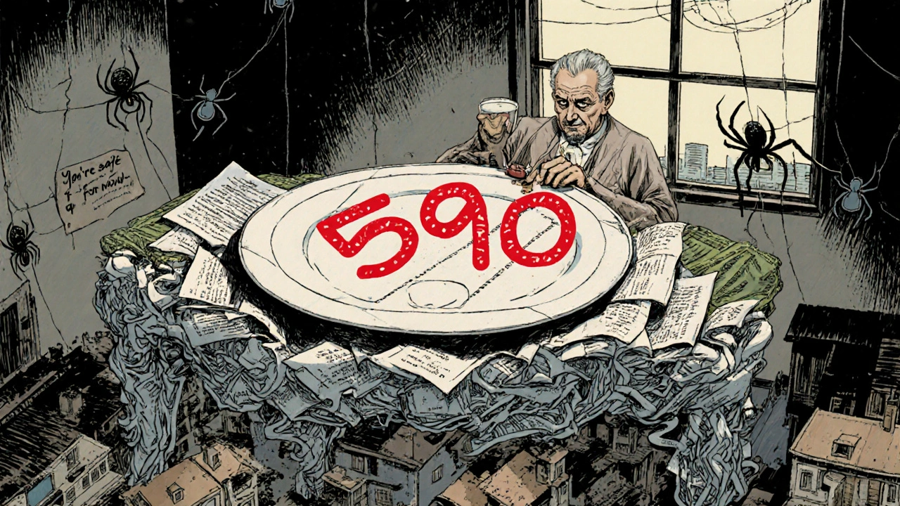 Une table de dîner flottante dont l&#039;assiette affiche un compte à rebours de dépenses médicales, entourée d&#039;ombres de compagnies d&#039;assurance.