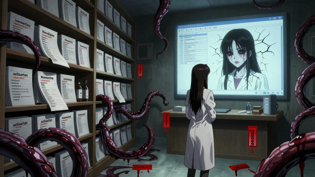 Bibliothèque de dossiers médicamenteux qui deviennent des tentacules, pharmacien horrifié devant une base de données sanguinolente.