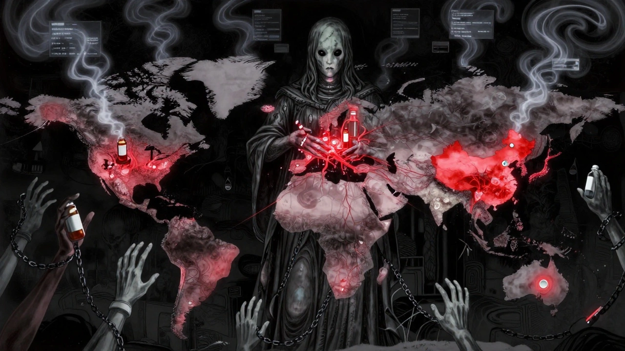 Carte mondiale avec des chaînes de pilules reliant les usines à une statue géante de la FDA, entourée de fumée de données.