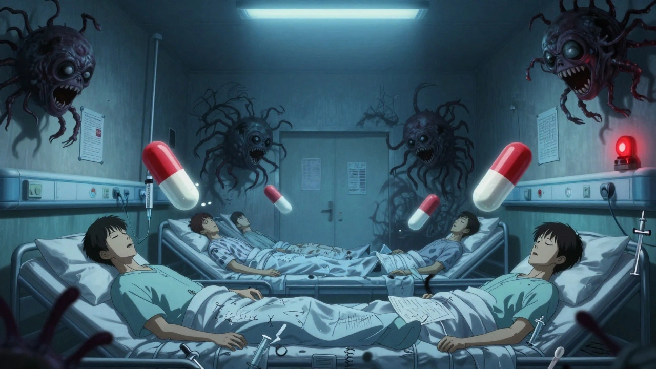 Chambre d&#039;hôpital où des pilules d&#039;antibiotiques se transforment en visages hurlants, entourées de créatures résistantes.