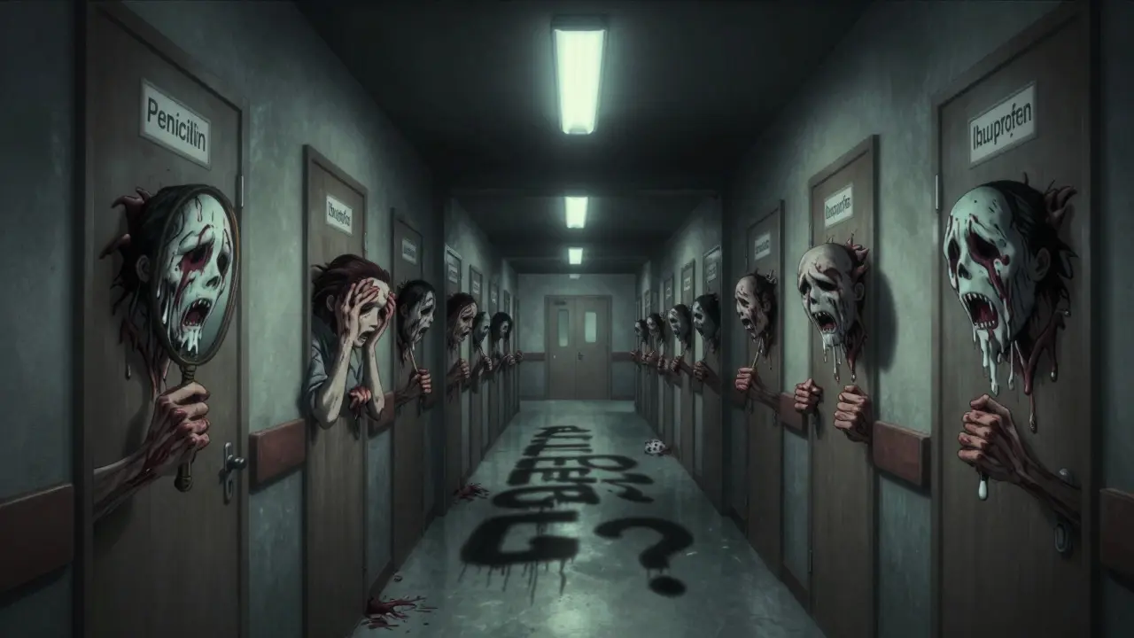 Couloir d'hôpital infini avec des mains grotesques sortant des portes marquées par des médicaments, dans un style d'horreur Junji Ito.