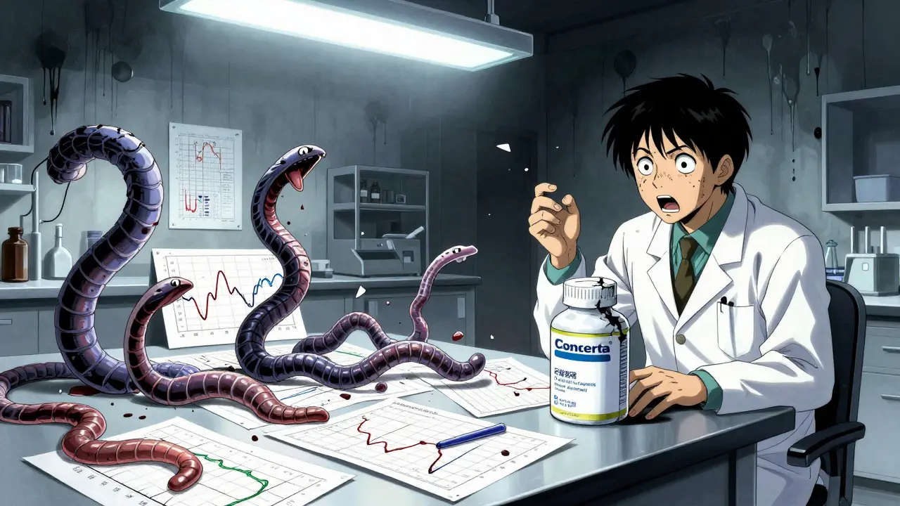 Courbes pharmacocinétiques vivantes qui se déchirent, avec un enfant enfermé dans un générique rejeté.