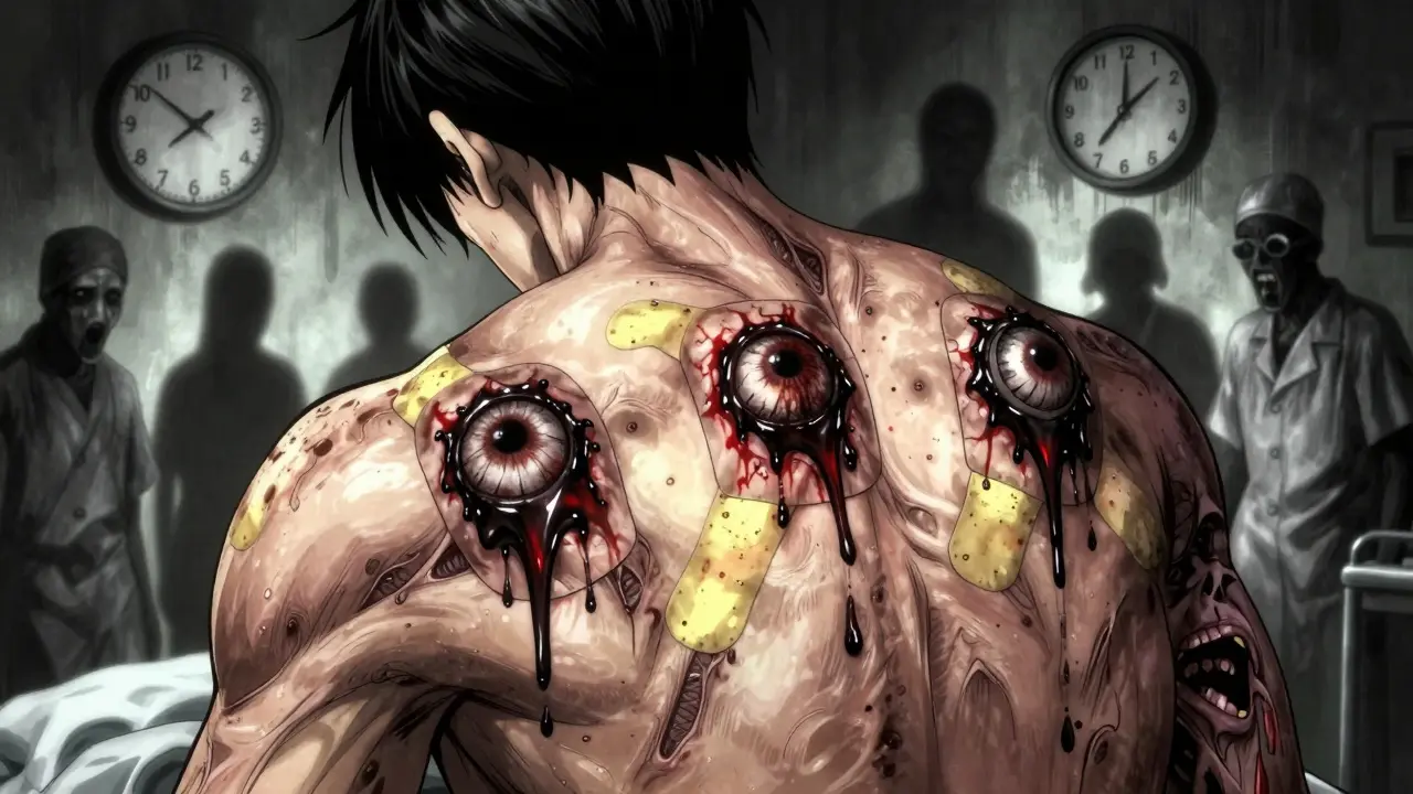 Dos de patient avec pansements qui suintent un liquide sombre formant des motifs effrayants.