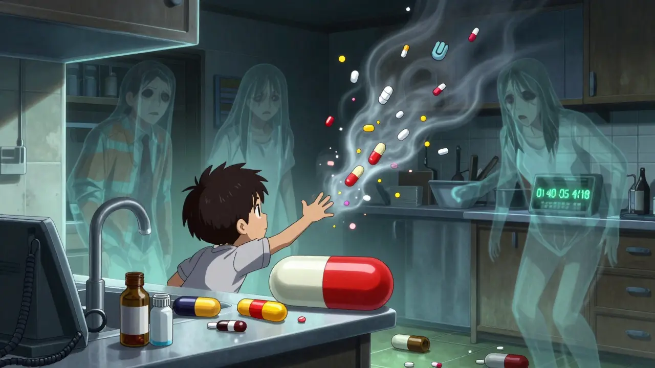 Enfant atteignant une pilule colorée comme un bonbon, des silhouettes fantomatiques d'adultes derrière lui, bouteilles vides au sol.