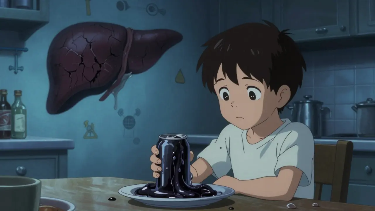 Enfant regardant une boisson sucrée qui se transforme en limace graisseuse, son ombre devient un foie cirrhotique dans une cuisine froide.