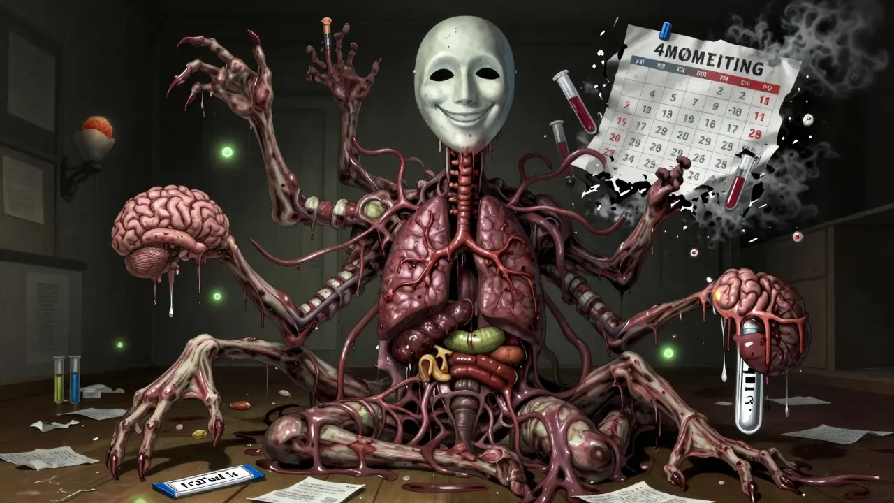 Entité monstrueuse formée de corps fusionnés, chaque membre représentant un organe touché par la tuberculose extrapulmonaire.