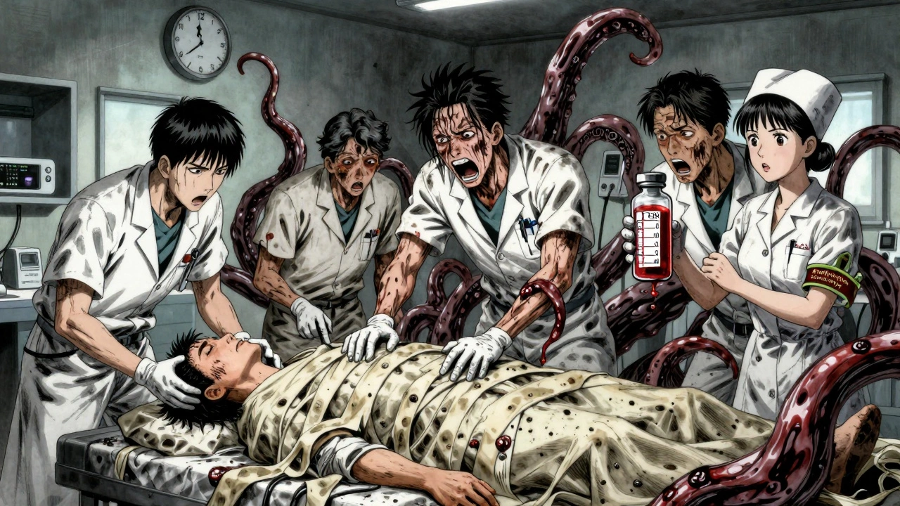 Équipe médicale en urgence tente d’intuber un patient, des signes biologiques grotesques flottent dans l’air.