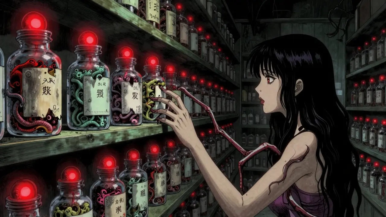 Étagère de pharmacie avec des flacons flottants envahis par des moisissures vivantes dans un décor d'horreur.