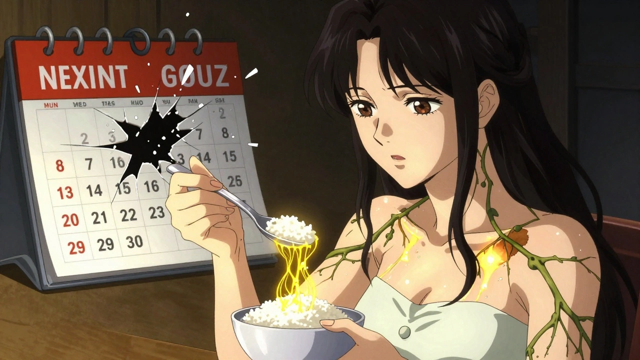 Femme ajoutant du riz à son assiette, des fils dorés relient sa nourriture à son corps, rétablissant son métabolisme.