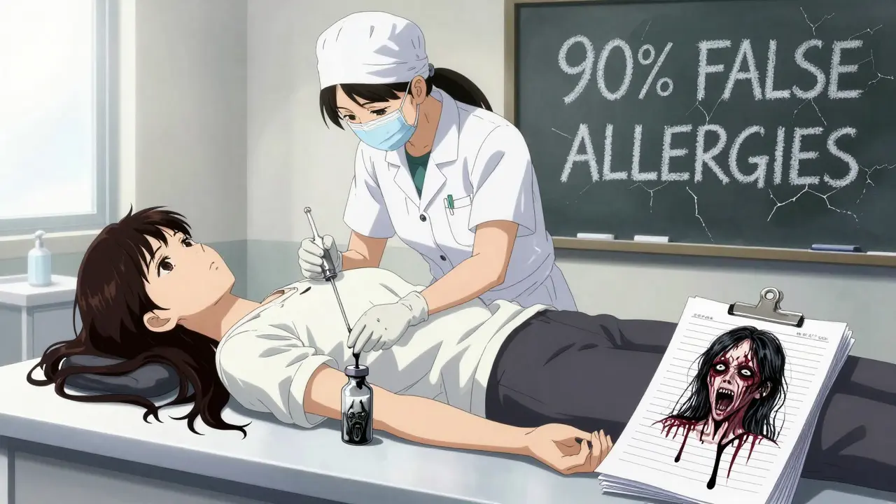 Femme en test d'allergie, de l'encre noire formant un visage hurlant dans un tube, des dossiers qui saignent, style manga d'horreur.