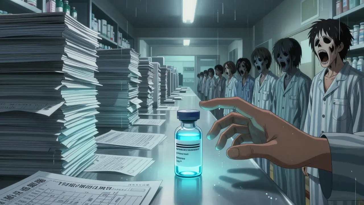 Flacon de traitement oxybate de sodium entouré de formulaires refusés qui deviennent des visages hurlants.