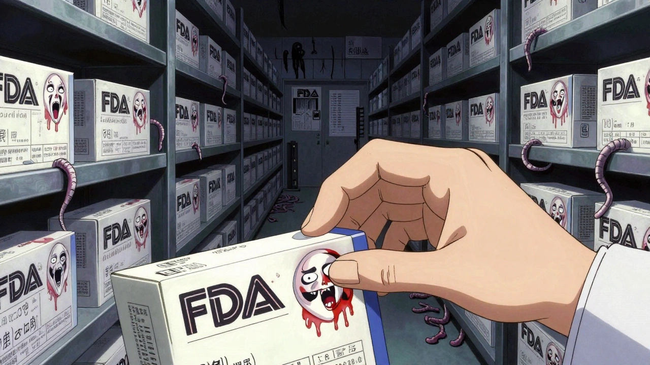 Main d&#039;inspecteur touchant des pilules qui se transforment en visages hurlants, étiquettes qui coulent comme de l&#039;encre.