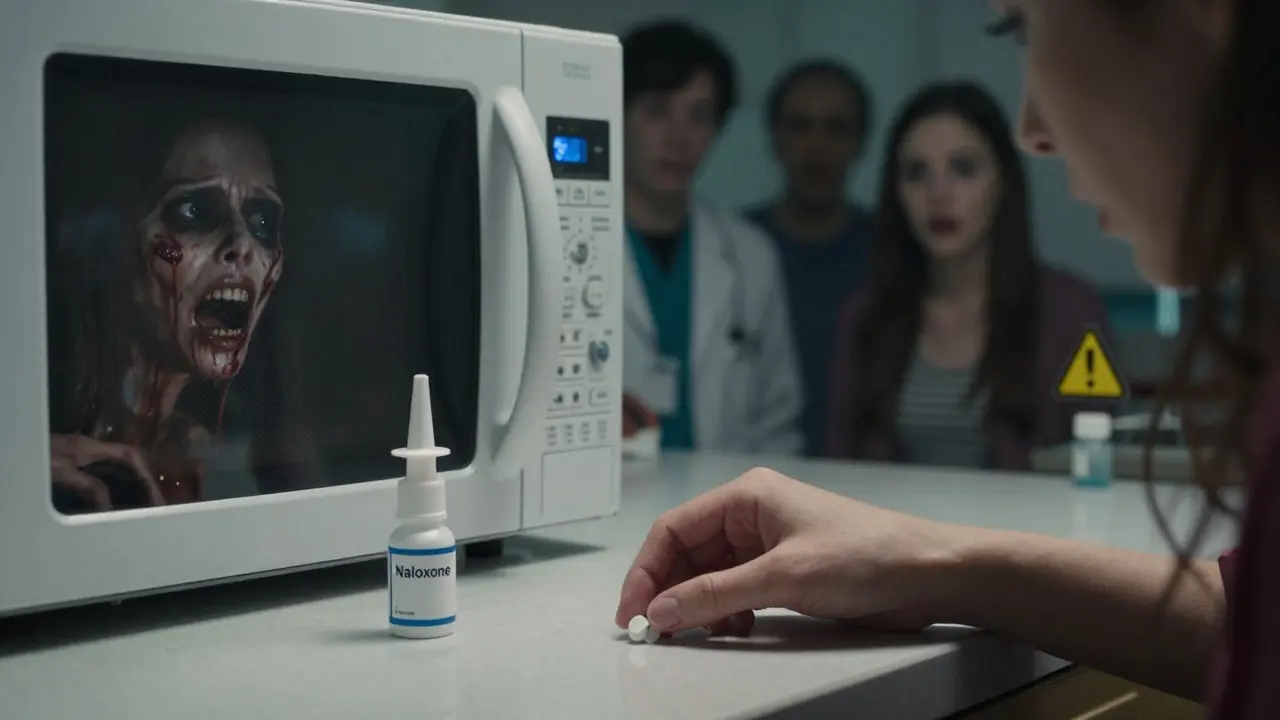 Main tenant une pilule et une naloxone, le reflet montre une version décomposée de la femme, des silhouettes d'aideurs derrière elle dans l'ombre.