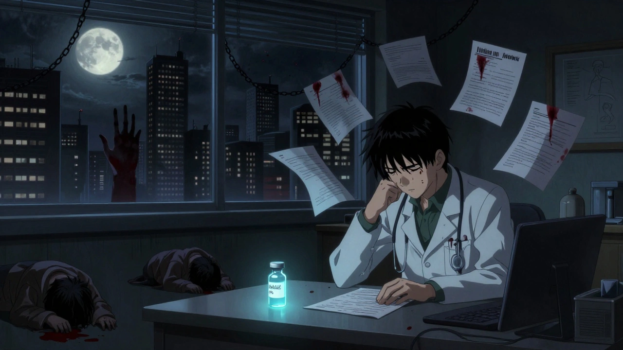 Médecin épuisé entouré de papiers sanguinolents, une seule bouteille de biosimilaire brille faiblement dans l&#039;obscurité.