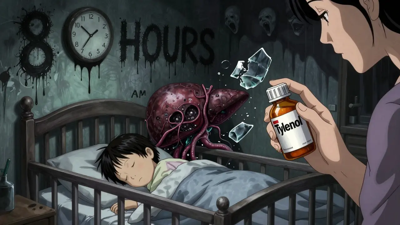 Mère tenant une bouteille de Tylenol, foie monstrueux sous le lit de l'enfant endormi, symboles médicaux en encre noire.