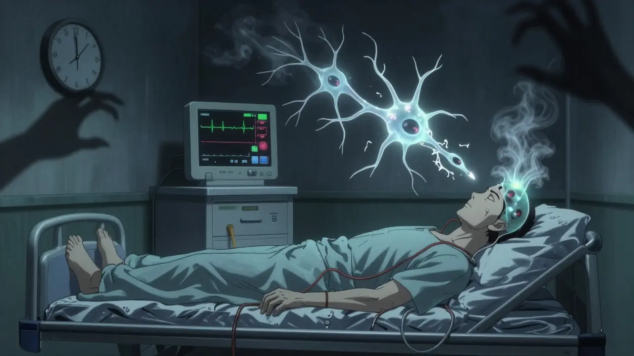 Neurones fantômes s'évaporant du cerveau d'un patient en laboratoire de sommeil.