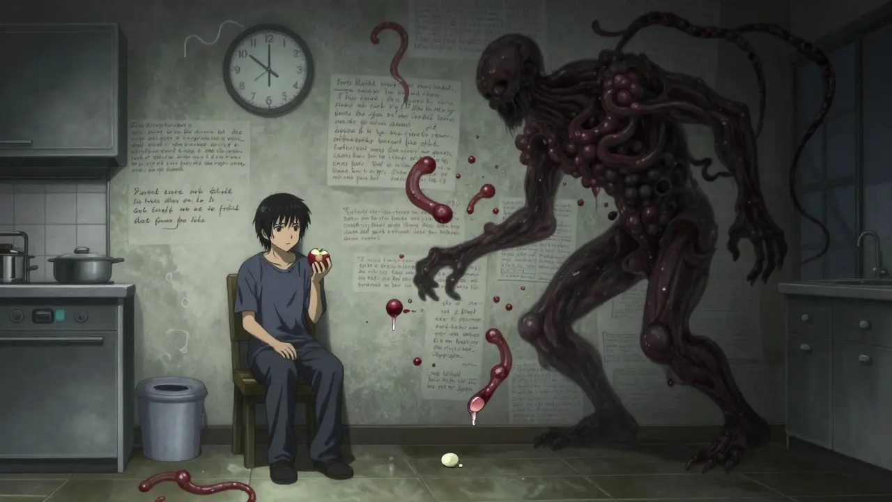 Patient dans sa cuisine, son ombre se transforme en créature de graisse et de molécules de glucose.