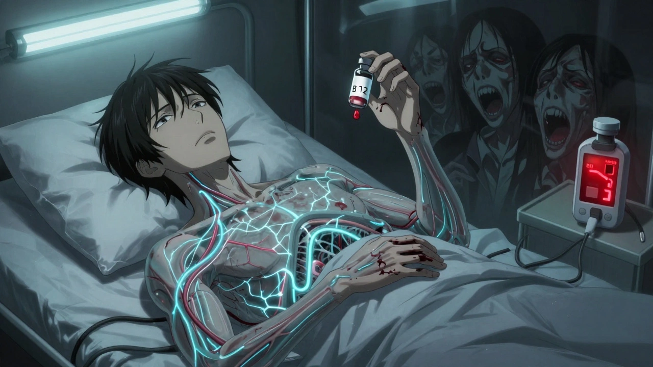 Patient hospitalisé avec des voies nerveuses lumineuses visibles à travers la peau, entouré d&#039;objets médicaux effrayants.