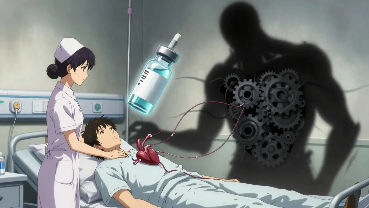 Patient hospitalisé dont l'ombre se transforme en créature mécanique noire, des médicaments flottent comme des symboles de danger.