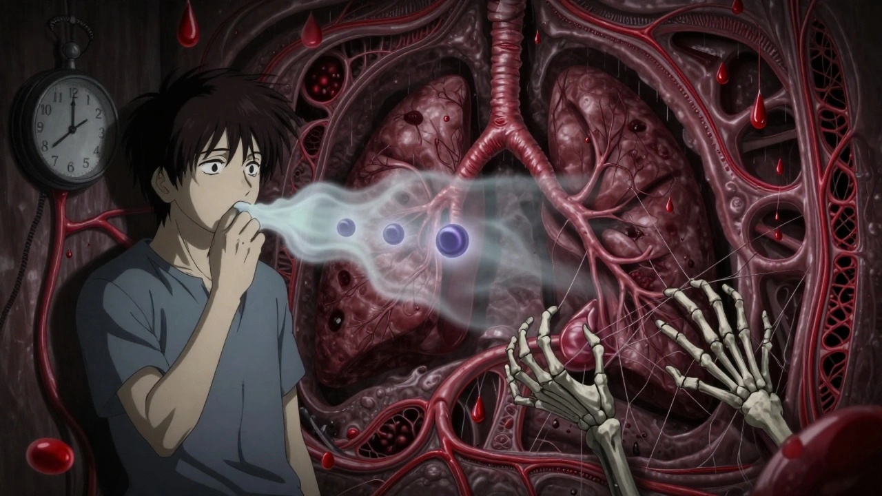 Patient retenant sa respiration, des mains squelettiques saisissent ses capillaires pulmonaires.