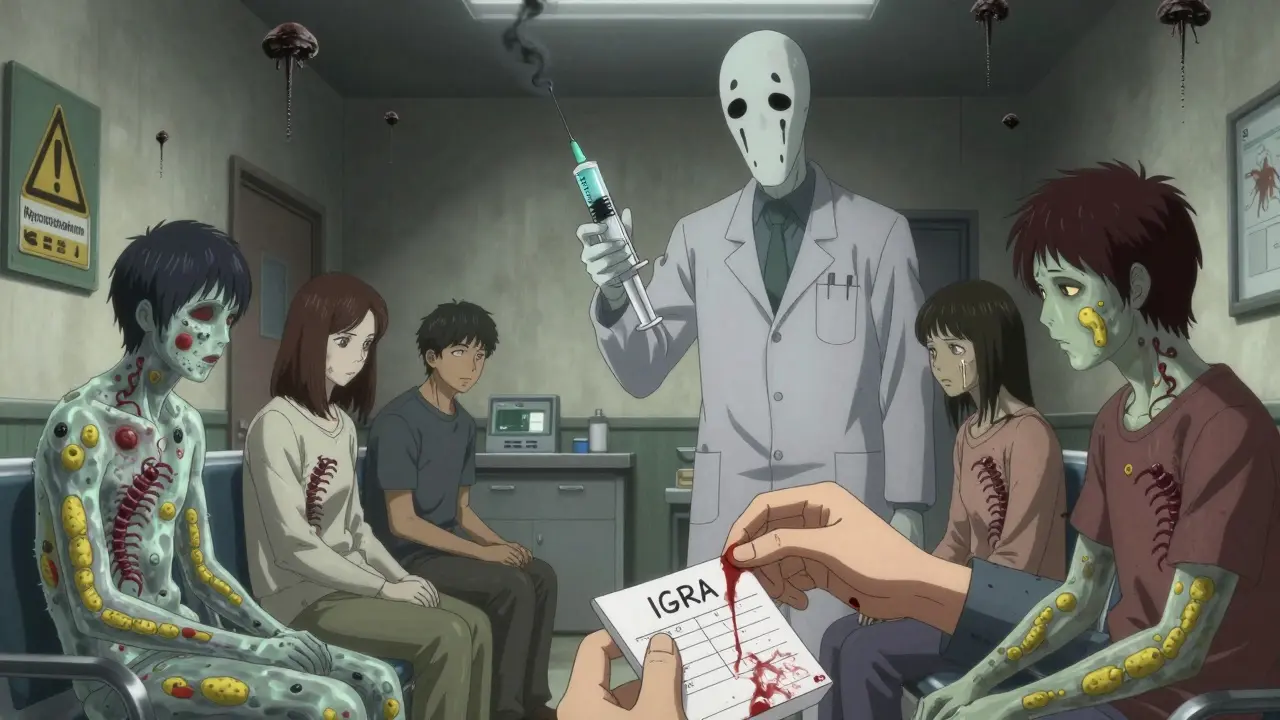 Patients dans une salle d'attente dont la peau translucent révèle des bactéries de la tuberculose rampant dessous, sous un médecin sans visage.