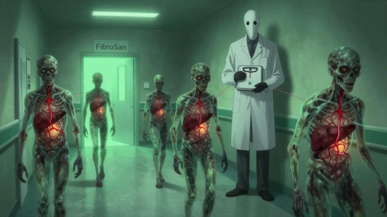 Patients transparents révélant des foies gras dans un couloir hospitalier, tirés par une silhouette sans visage, une seule porte clignote en vert.