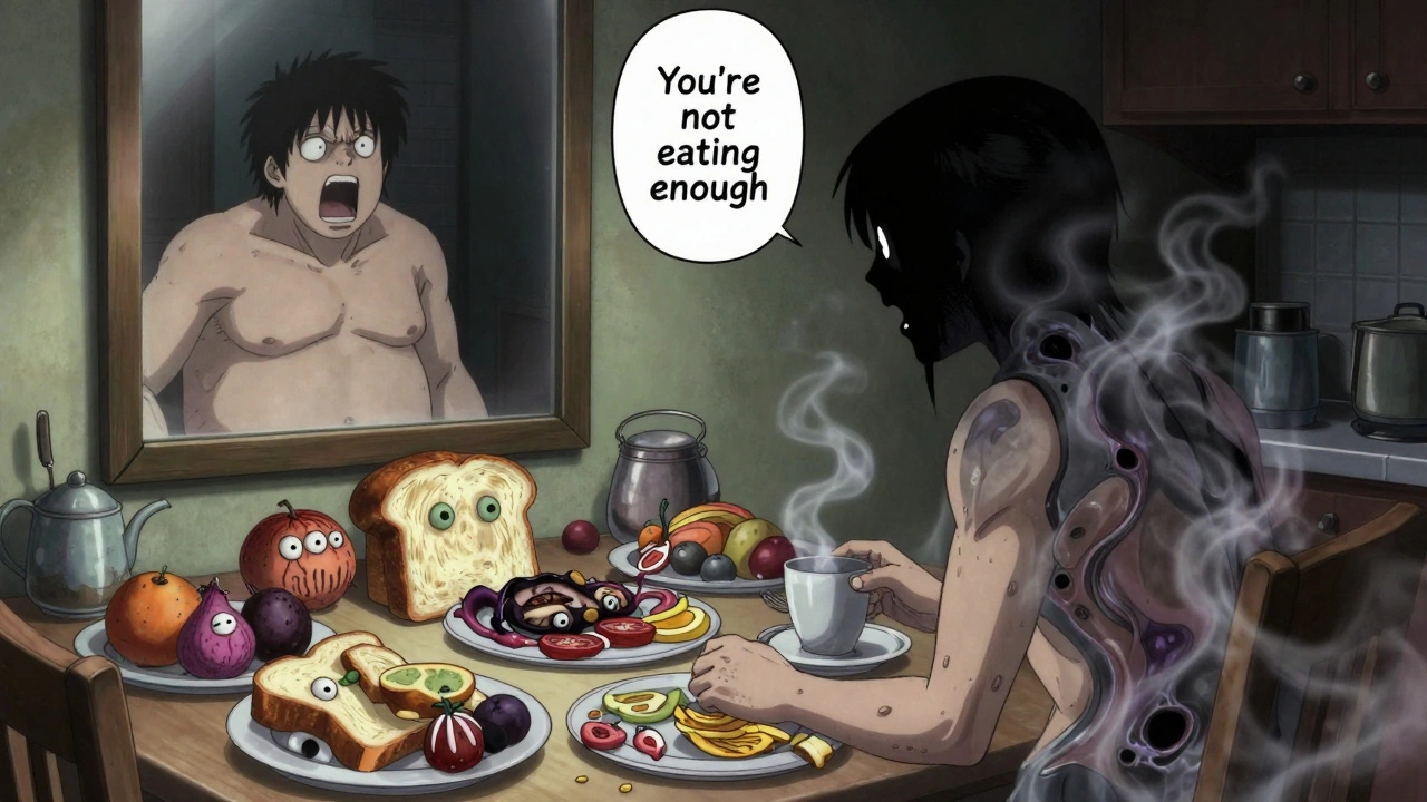 Personne entourée de nourriture vivante qui se tord, son corps se dissolvant en fumée sous un murmure menaçant.