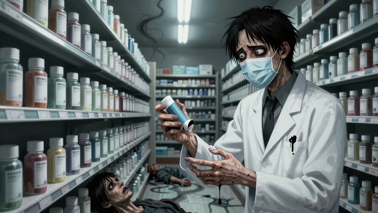 Pharmacien allongé tend un inhalateur à un patient effrayé, derrière eux des étagères infinies de dispositifs déformés.